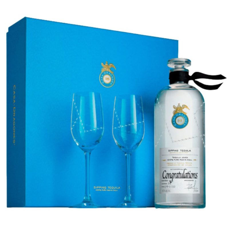 Tequila Casa Dragones Joven Personalized Gift Set with Flute Glasses